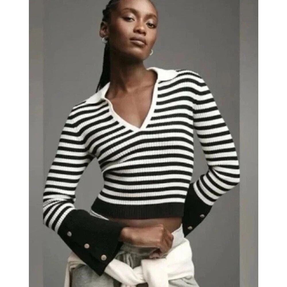 Anthropologie Maeve Bell Sleeve Black White Striped Polo Sweater XXS